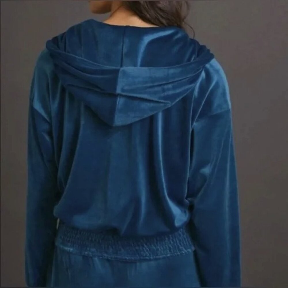 Anthropologie Women's Catie Cropped Velvet Zip-Up Hoodie Blue Size XL - Picture 6 of 9